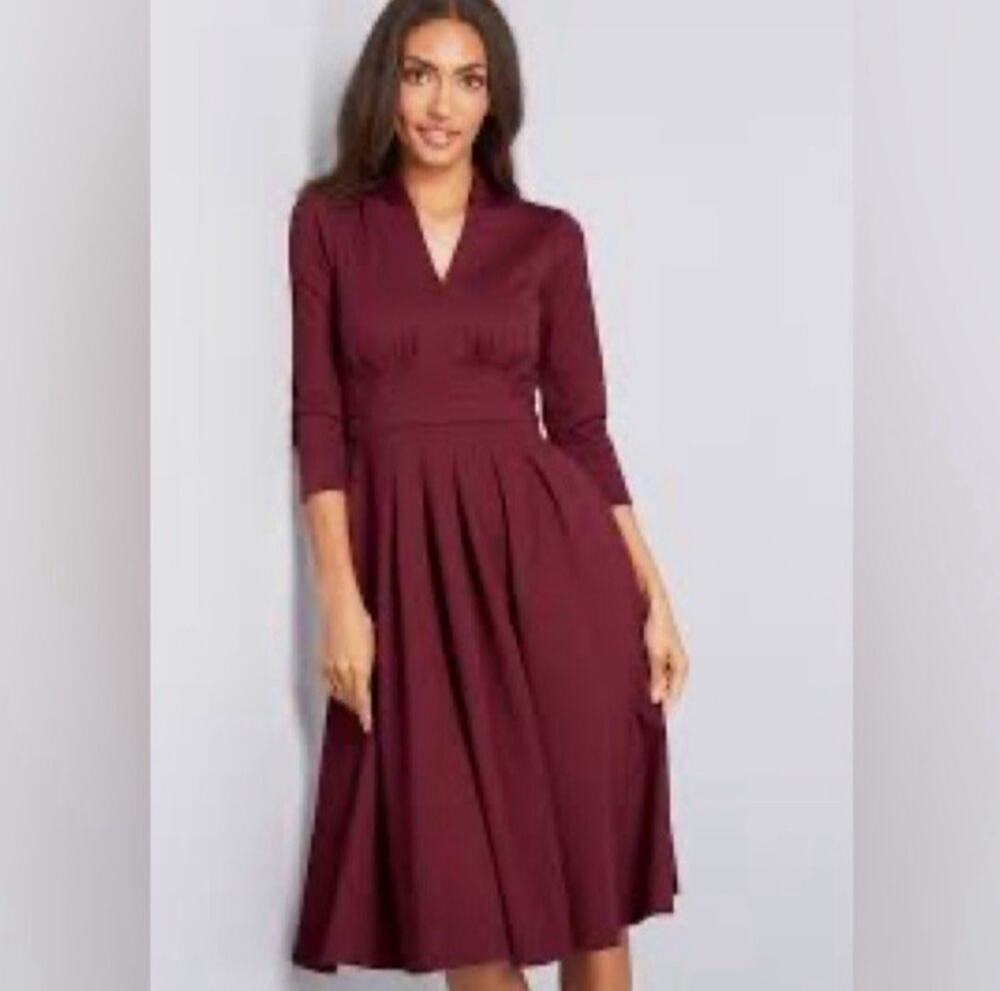 ModCloth Midi Structured 3/4 Sleeve Pleated Swing Dress Retro Inspired Size Lg